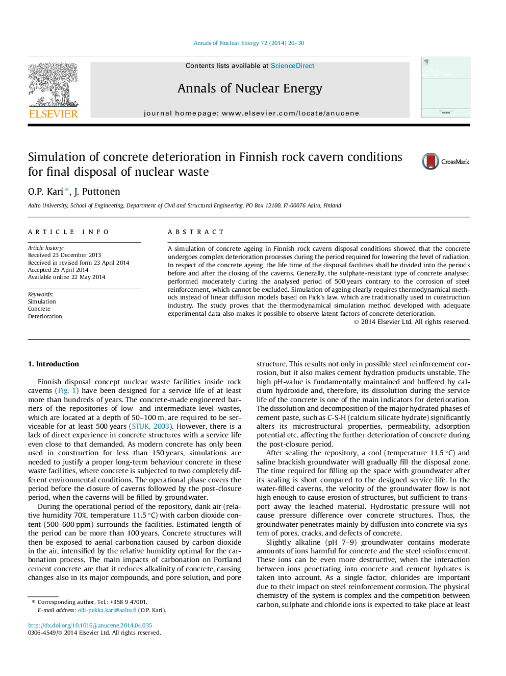 Simulation of concrete deterioration in Finnish rock cavern conditions for final disposal of nuclear waste