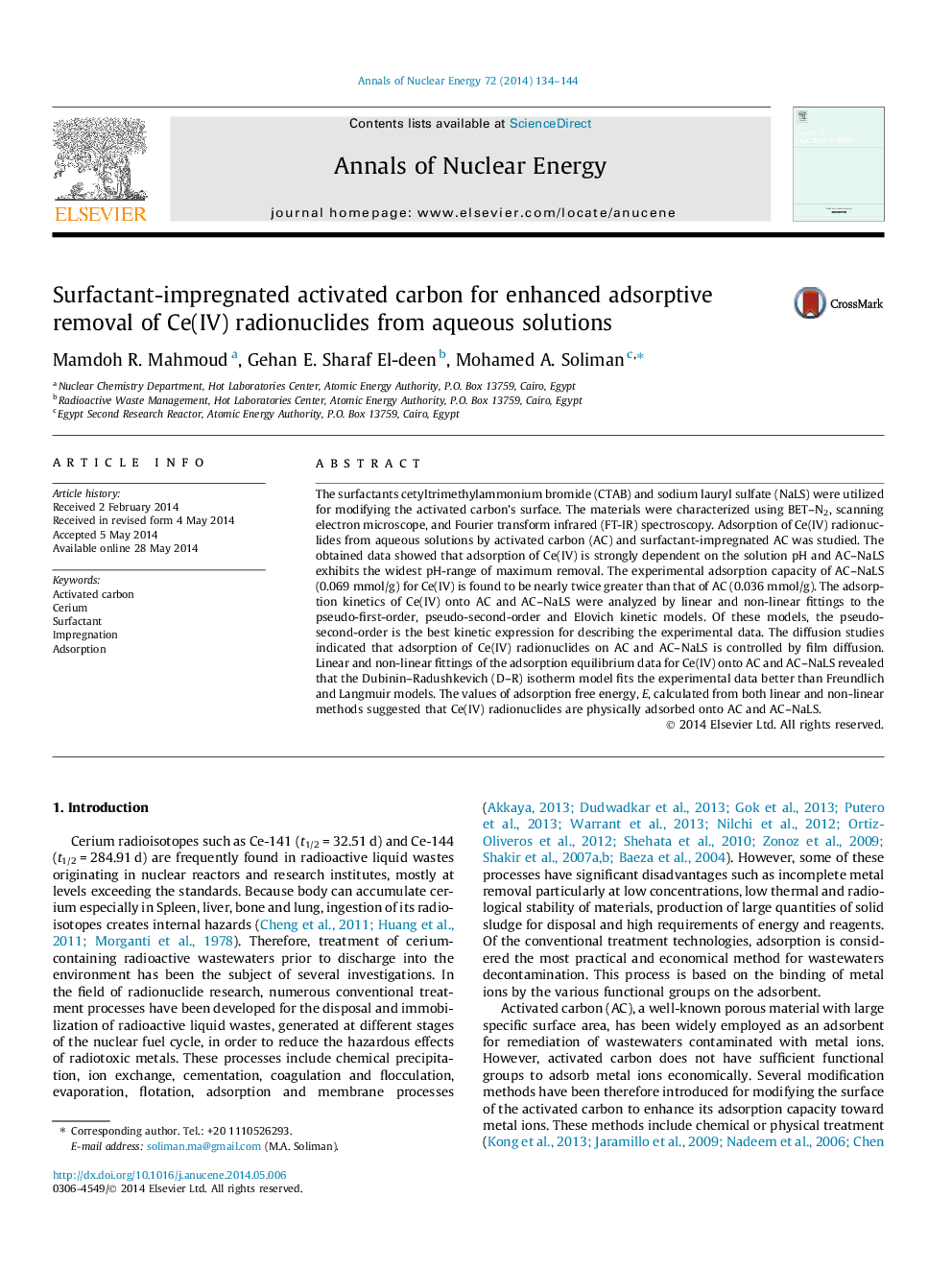 Surfactant-impregnated activated carbon for enhanced adsorptive removal of Ce(IV) radionuclides from aqueous solutions