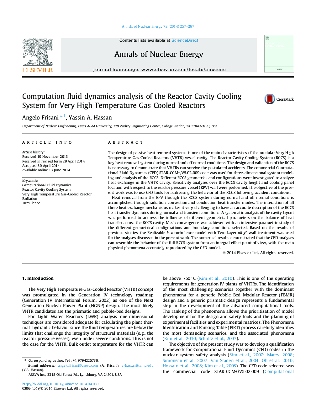 Computation fluid dynamics analysis of the Reactor Cavity Cooling System for Very High Temperature Gas-Cooled Reactors