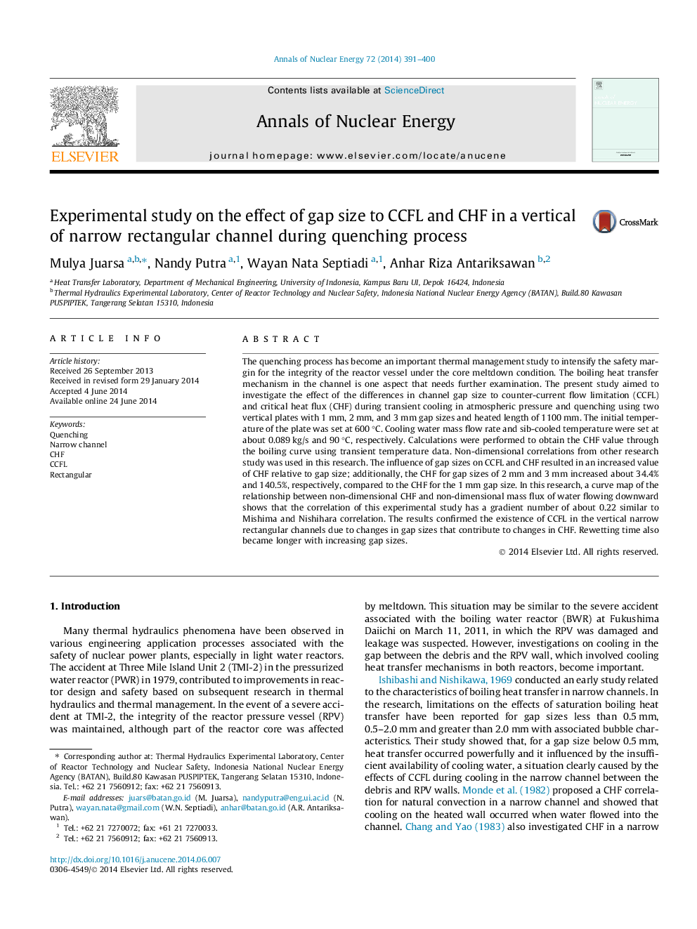 Experimental study on the effect of gap size to CCFL and CHF in a vertical of narrow rectangular channel during quenching process