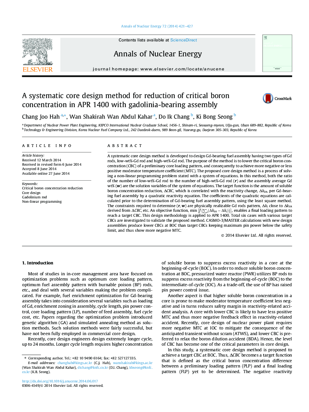 A systematic core design method for reduction of critical boron concentration in APR 1400 with gadolinia-bearing assembly