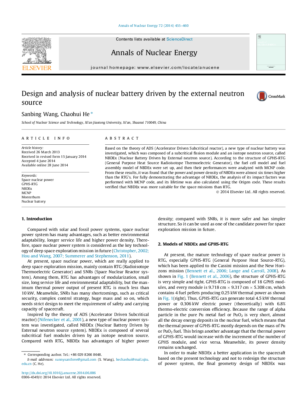 Design and analysis of nuclear battery driven by the external neutron source