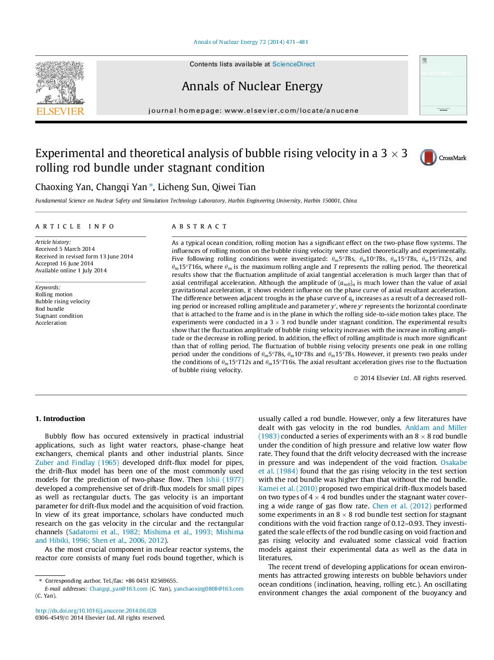 Experimental and theoretical analysis of bubble rising velocity in a 3 × 3 rolling rod bundle under stagnant condition