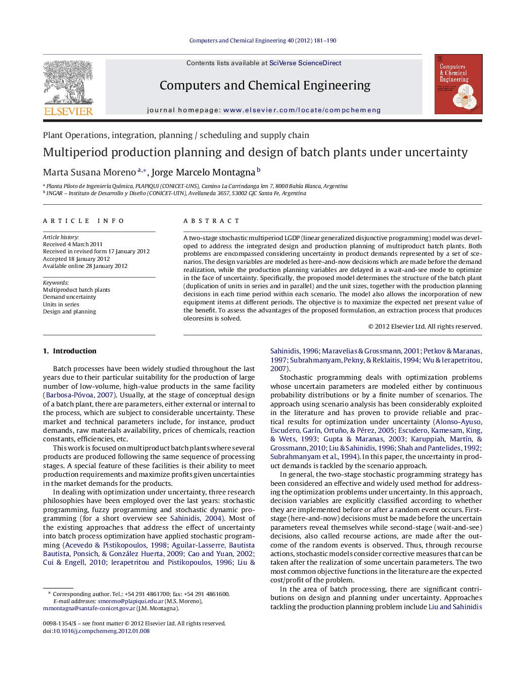 Multiperiod production planning and design of batch plants under uncertainty