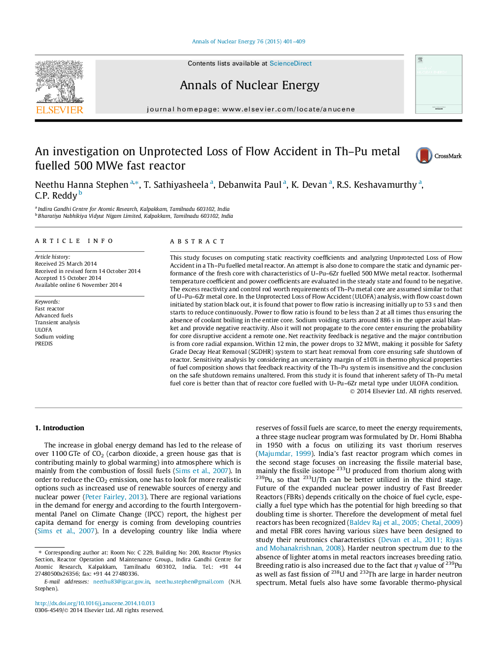 An investigation on Unprotected Loss of Flow Accident in Th–Pu metal fuelled 500 MWe fast reactor