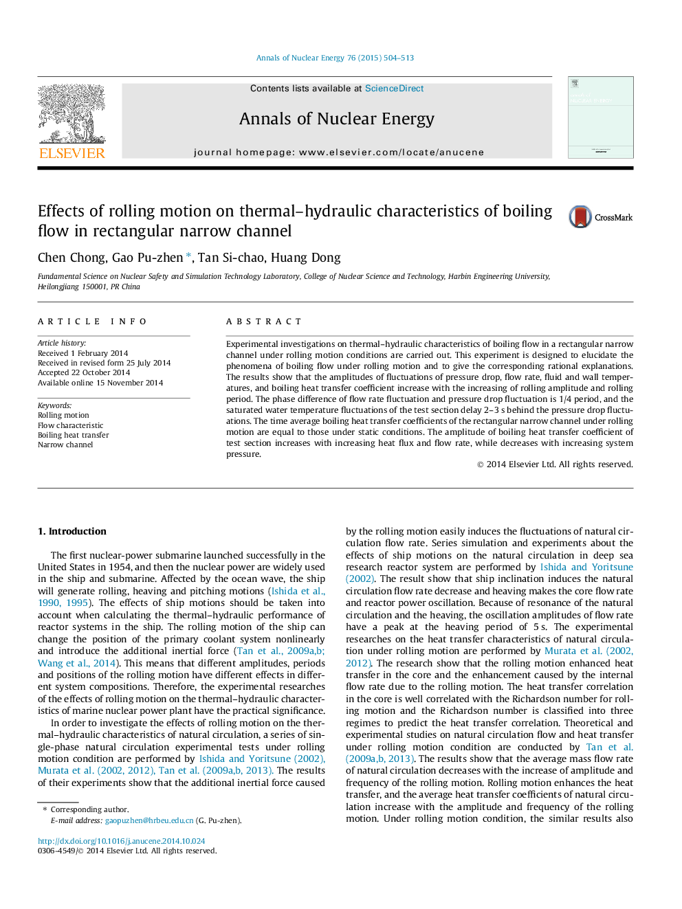 Effects of rolling motion on thermal–hydraulic characteristics of boiling flow in rectangular narrow channel