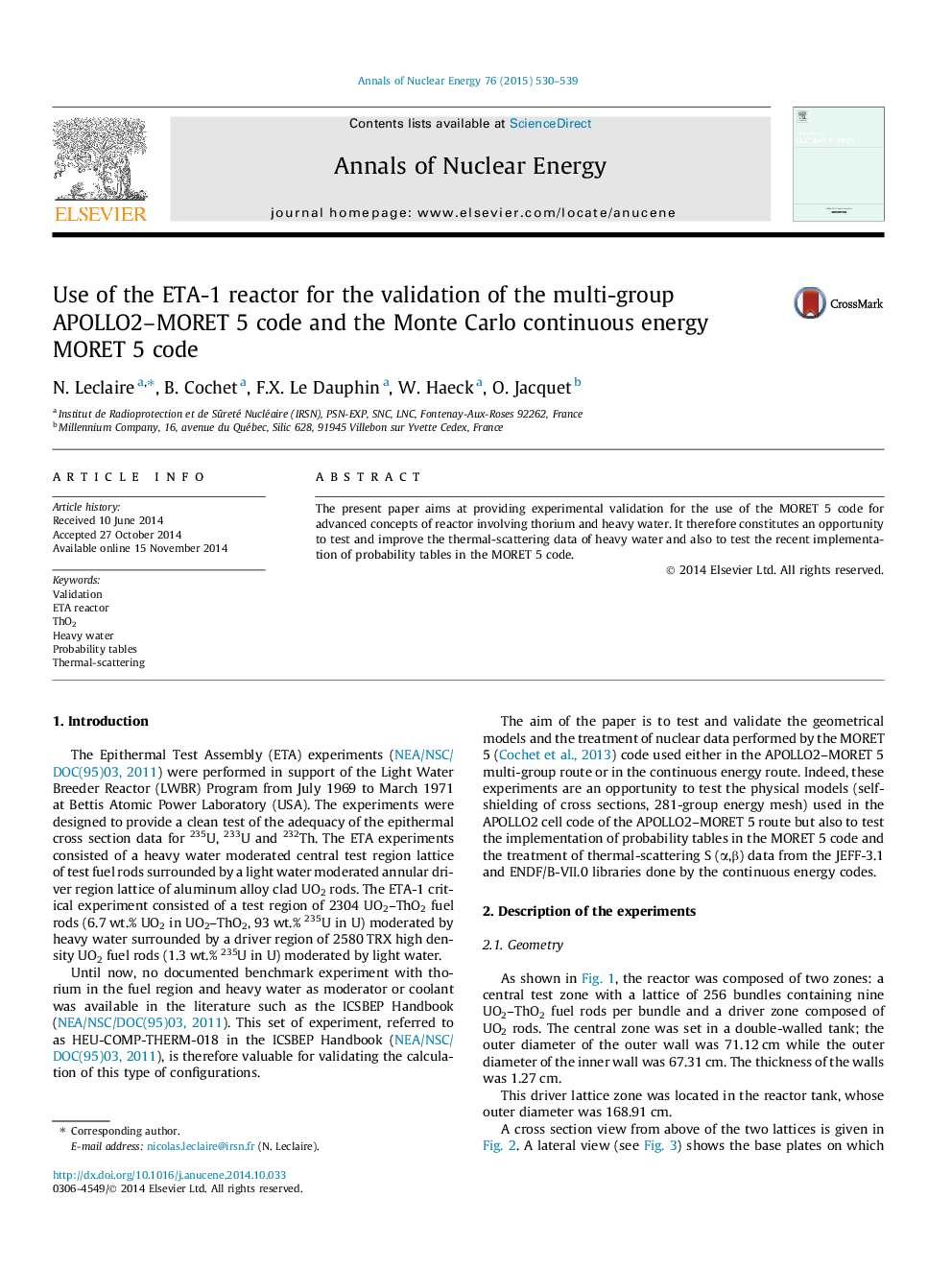 Use of the ETA-1 reactor for the validation of the multi-group APOLLO2–MORET 5 code and the Monte Carlo continuous energy MORET 5 code