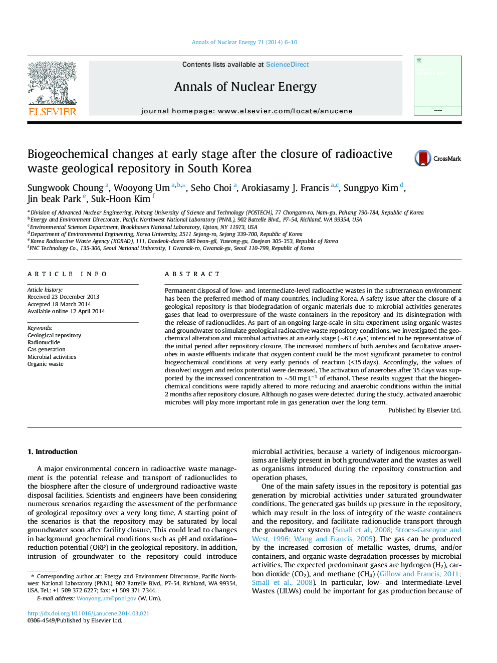 Biogeochemical changes at early stage after the closure of radioactive waste geological repository in South Korea