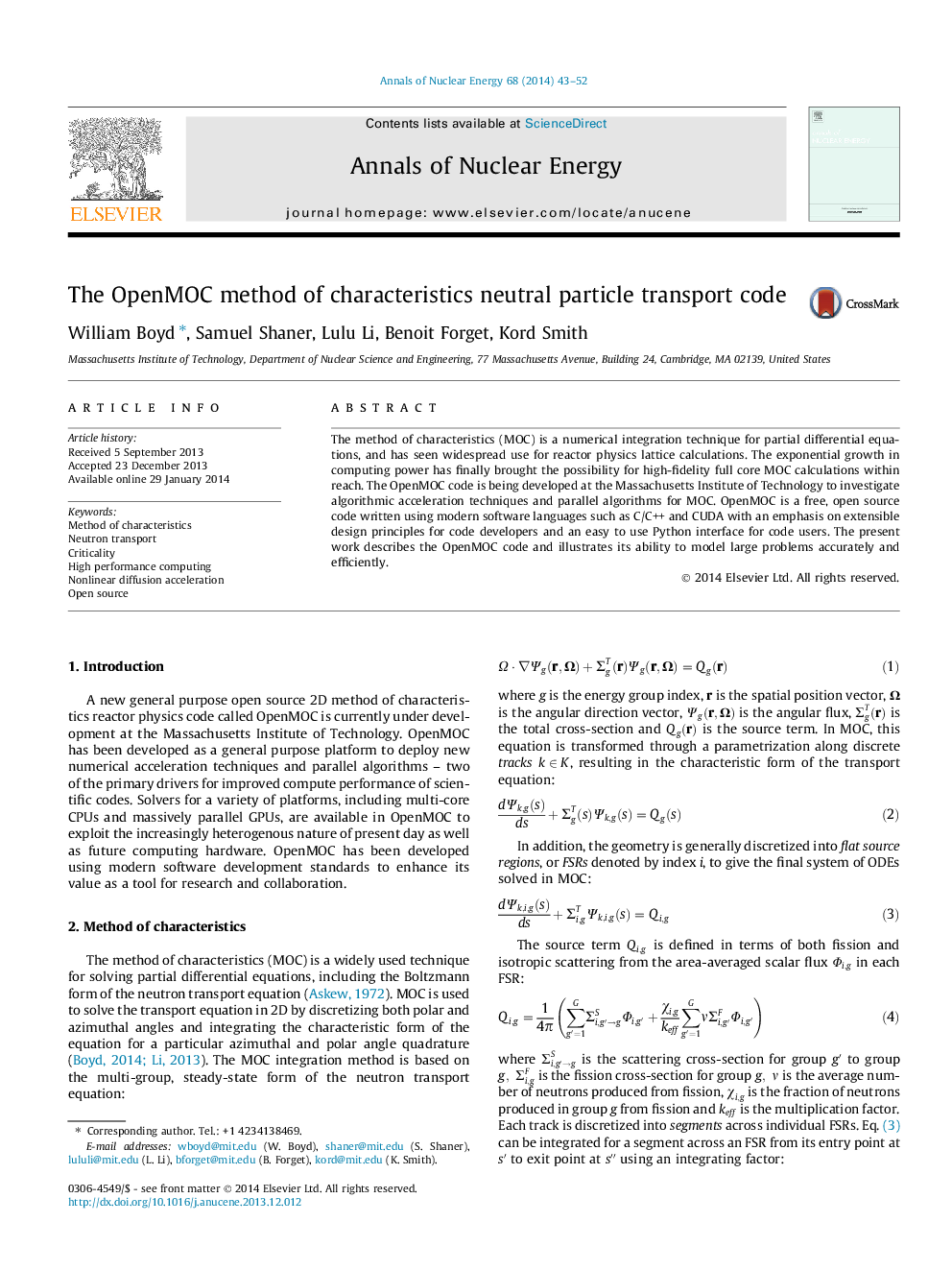 The OpenMOC method of characteristics neutral particle transport code