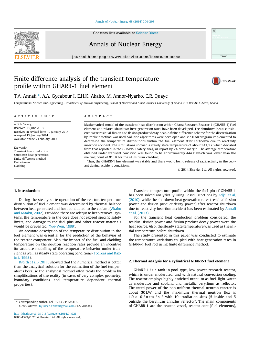 Finite difference analysis of the transient temperature profile within GHARR-1 fuel element