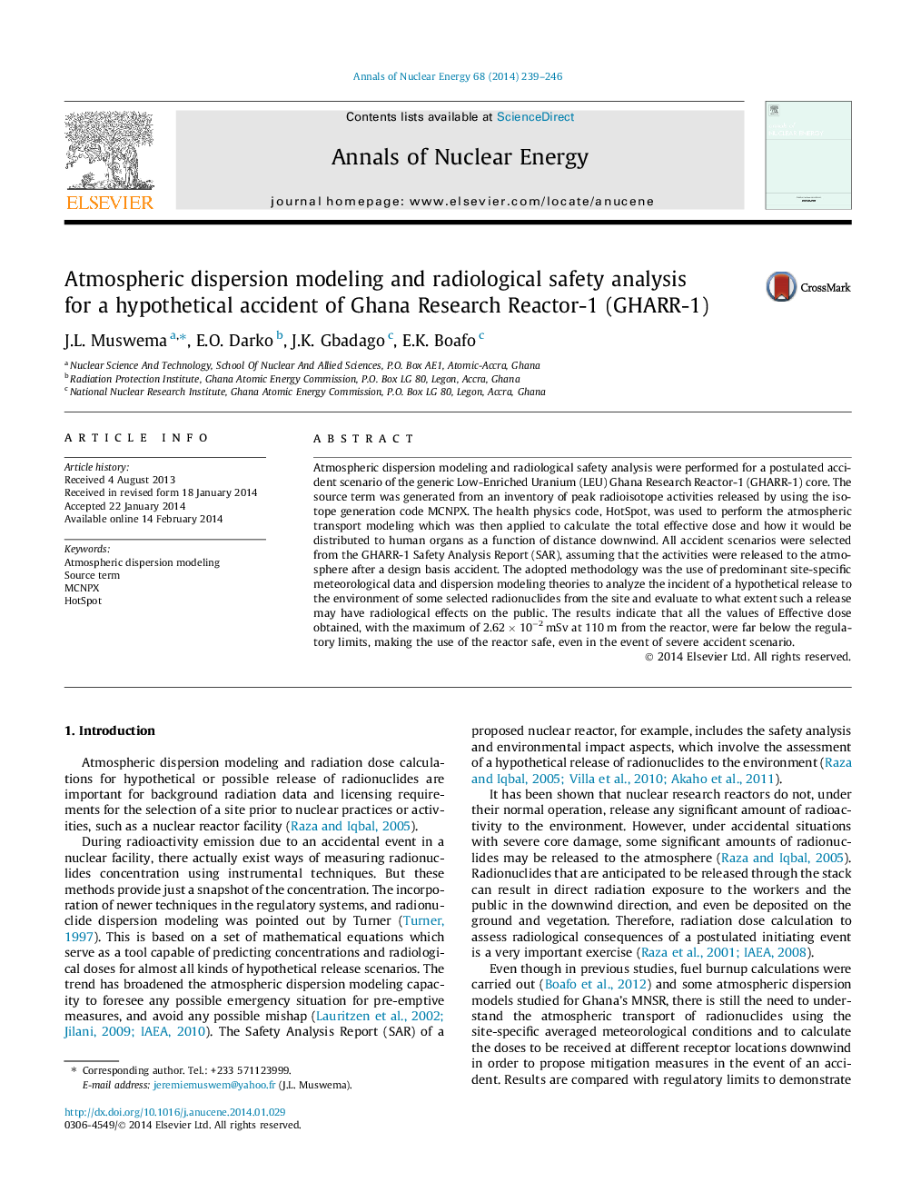 Atmospheric dispersion modeling and radiological safety analysis for a hypothetical accident of Ghana Research Reactor-1 (GHARR-1)