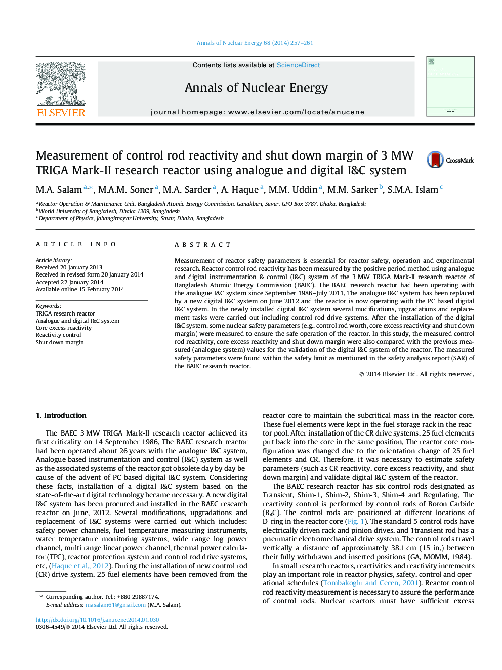 Measurement of control rod reactivity and shut down margin of 3 MW TRIGA Mark-II research reactor using analogue and digital I&C system