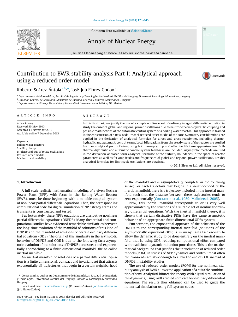 Contribution to BWR stability analysis Part I: Analytical approach using a reduced order model