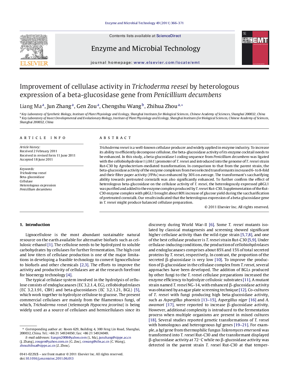 Improvement of cellulase activity in Trichoderma reesei by heterologous expression of a beta-glucosidase gene from Penicillium decumbens