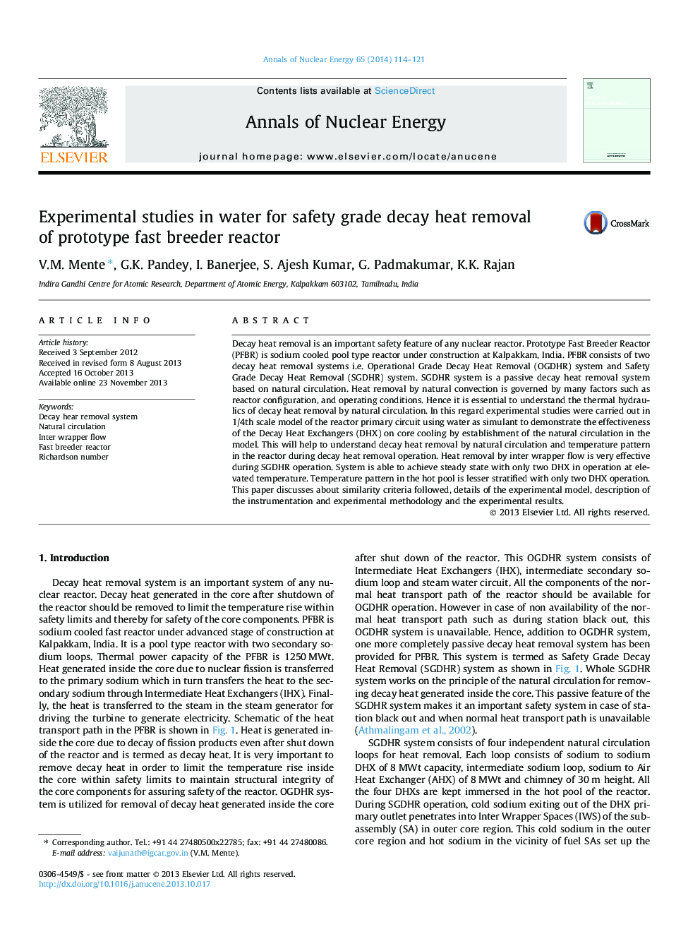 Experimental studies in water for safety grade decay heat removal of prototype fast breeder reactor