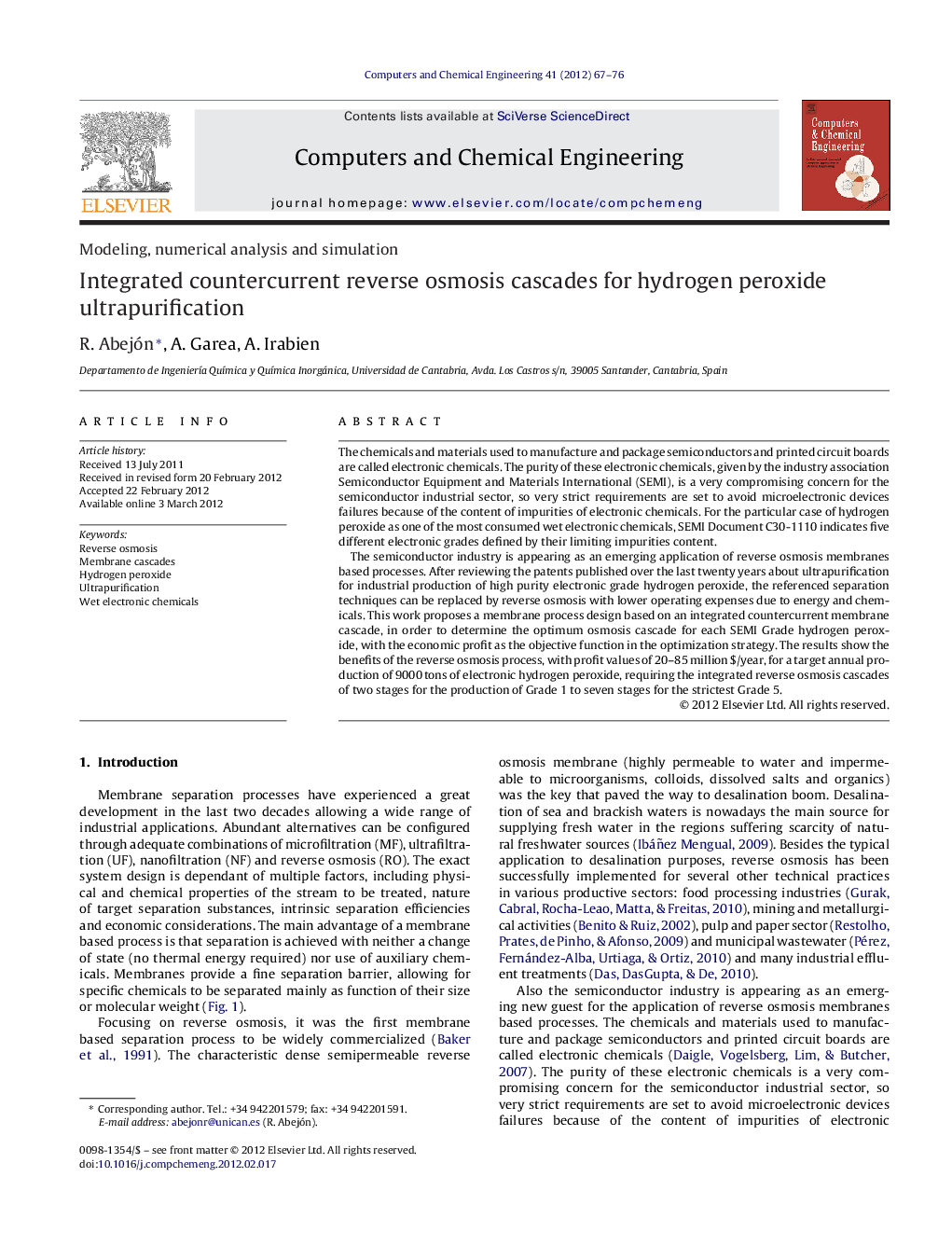 Integrated countercurrent reverse osmosis cascades for hydrogen peroxide ultrapurification