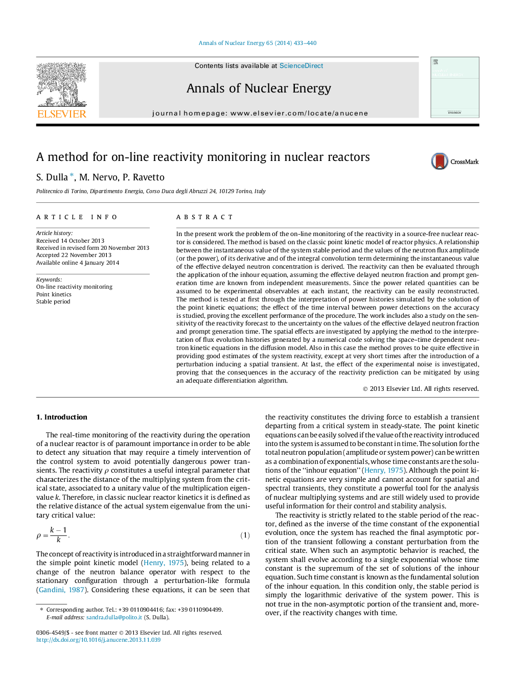 A method for on-line reactivity monitoring in nuclear reactors