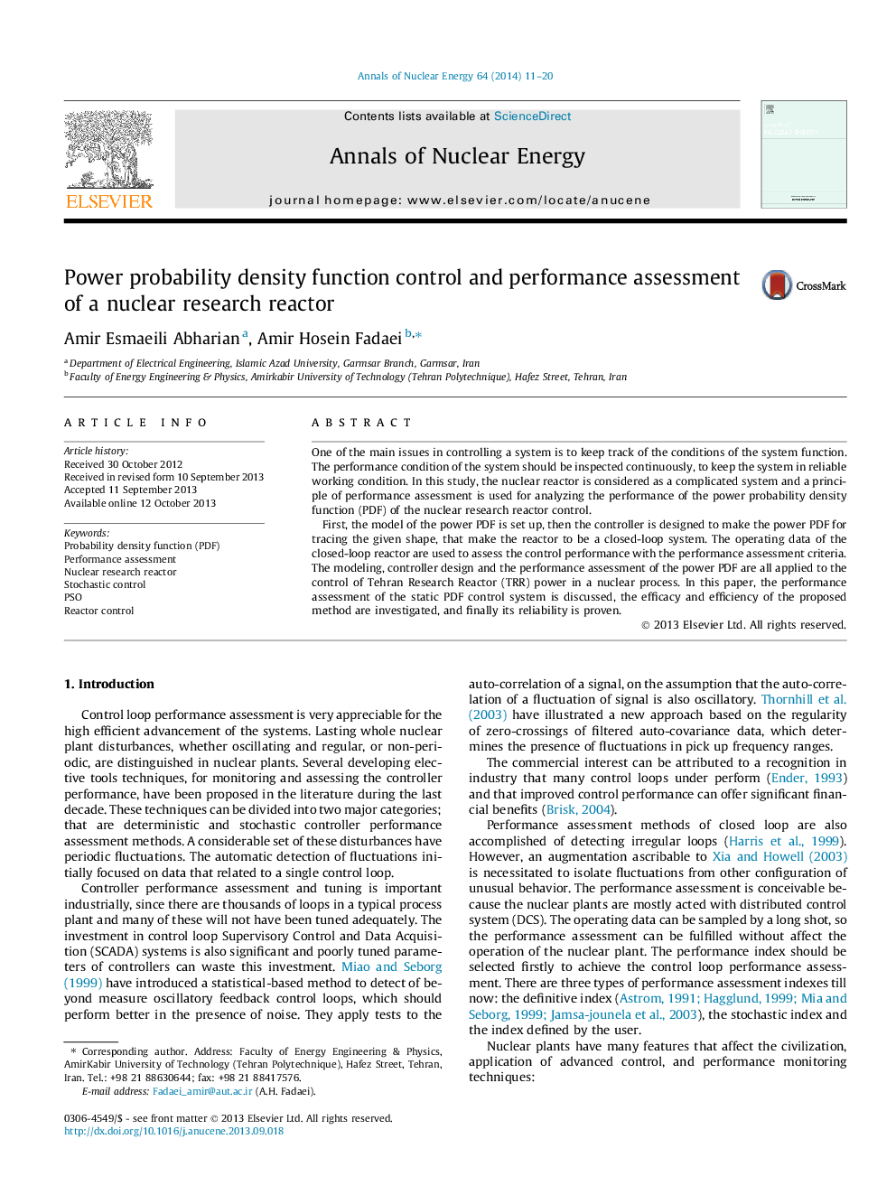 Power probability density function control and performance assessment of a nuclear research reactor