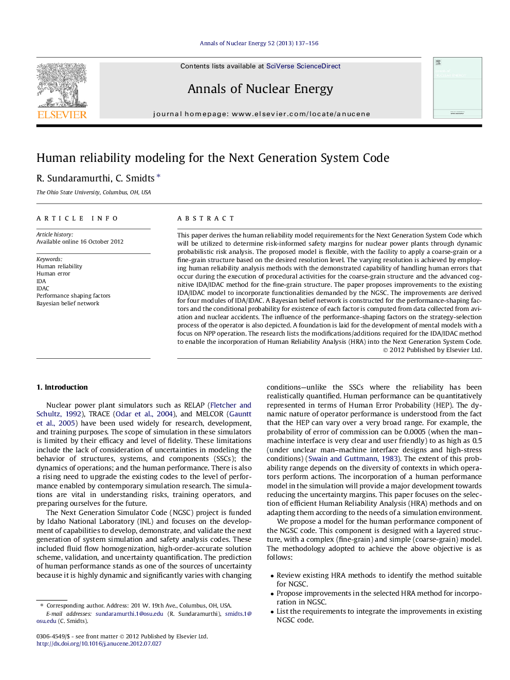 Human reliability modeling for the Next Generation System Code