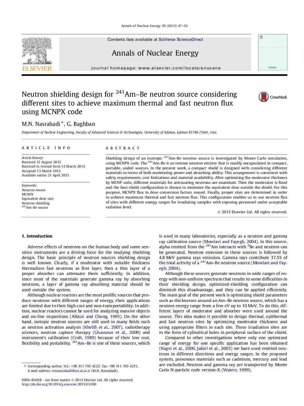 Neutron shielding design for 241Am–Be neutron source considering different sites to achieve maximum thermal and fast neutron flux using MCNPX code