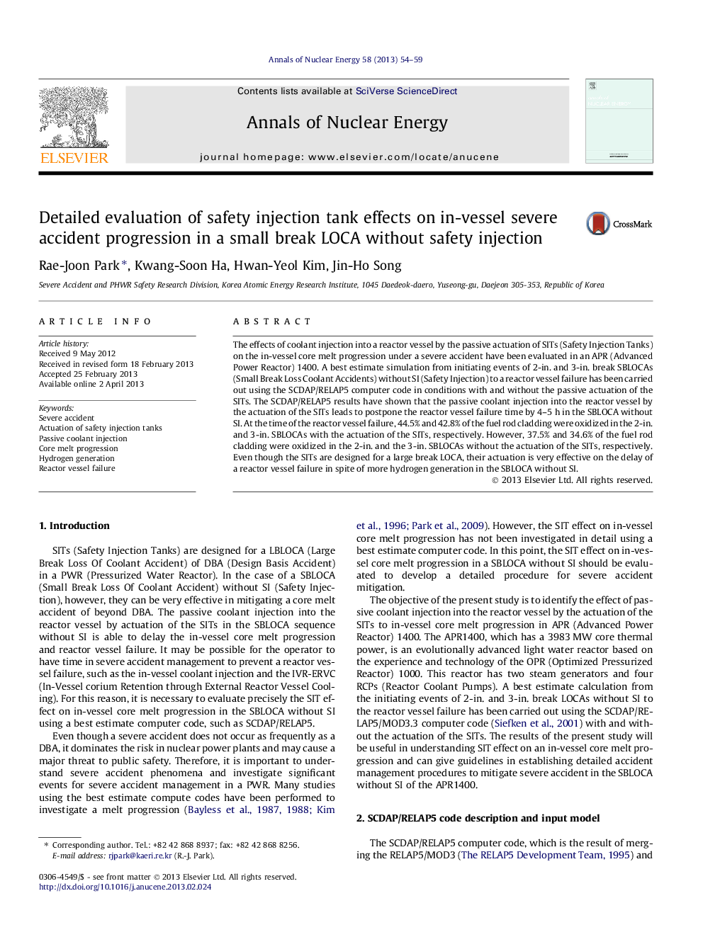 عکس صفحه اول مقاله: Detailed evaluation of safety injection tank effects on in-vessel severe accident progression in a small break LOCA without safety injection Detailed evaluation of safety injection tank effects on in-vessel severe accident progression in a small break LOCA without safety injection