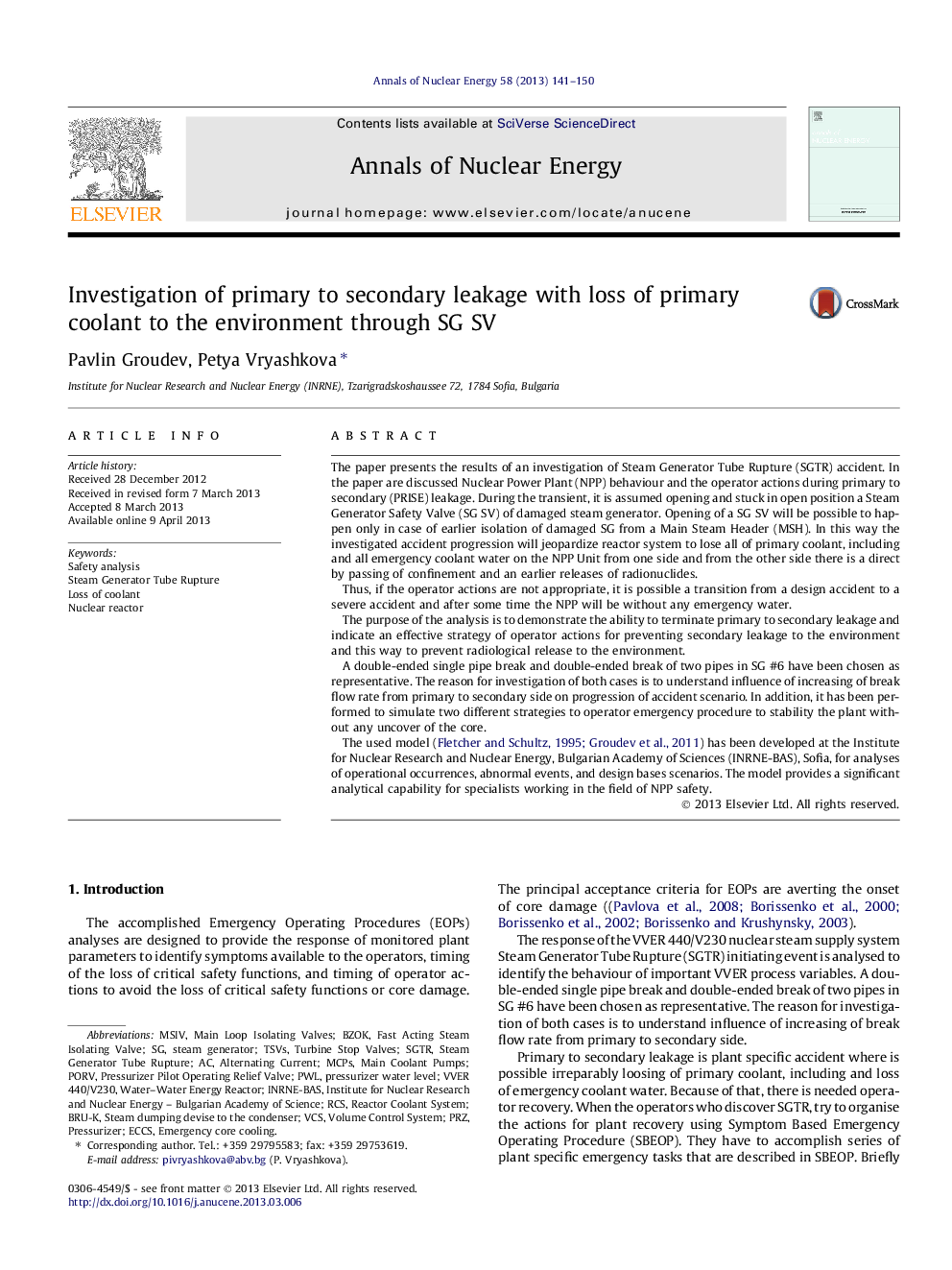 Investigation of primary to secondary leakage with loss of primary coolant to the environment through SG SV