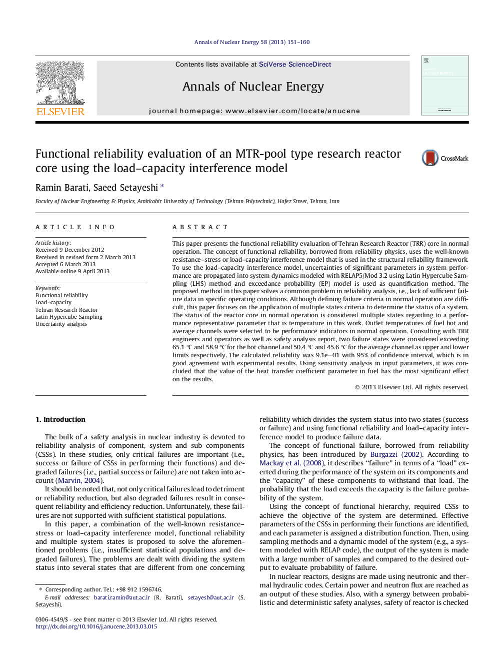 Functional reliability evaluation of an MTR-pool type research reactor core using the load–capacity interference model