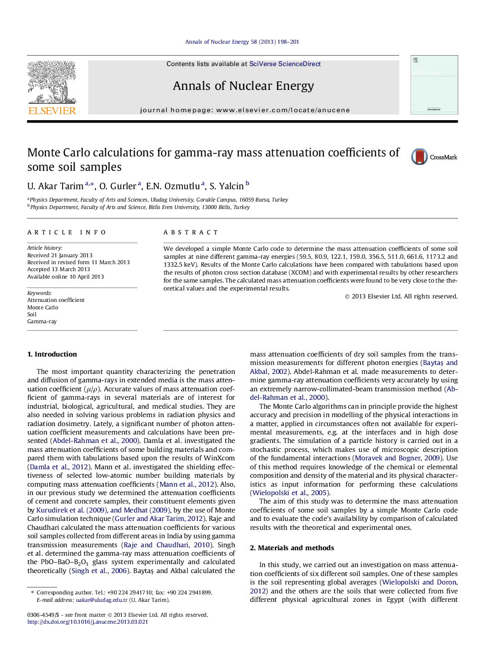 Monte Carlo calculations for gamma-ray mass attenuation coefficients of some soil samples