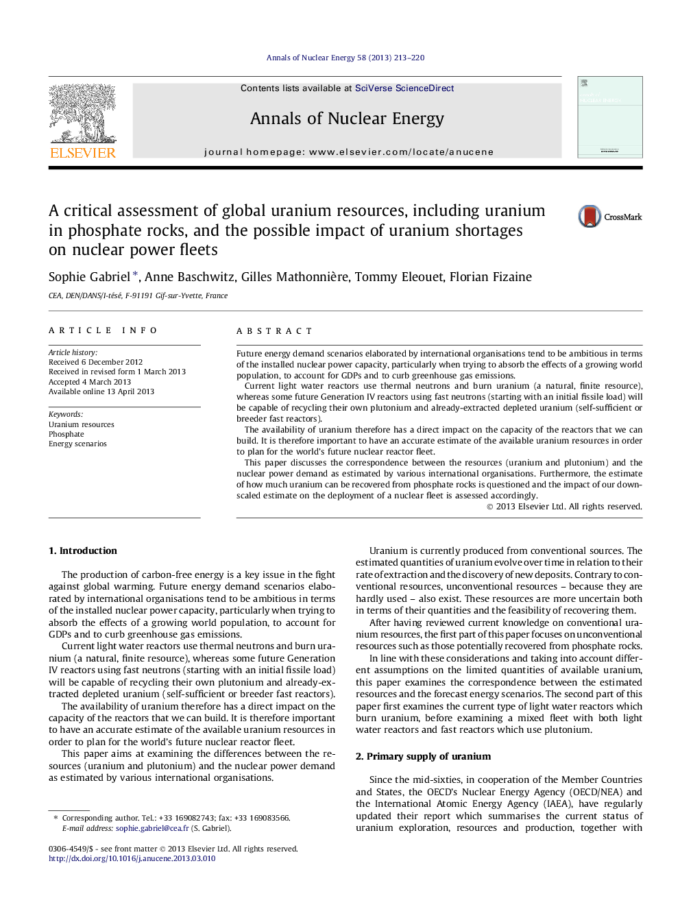 A critical assessment of global uranium resources, including uranium in phosphate rocks, and the possible impact of uranium shortages on nuclear power fleets