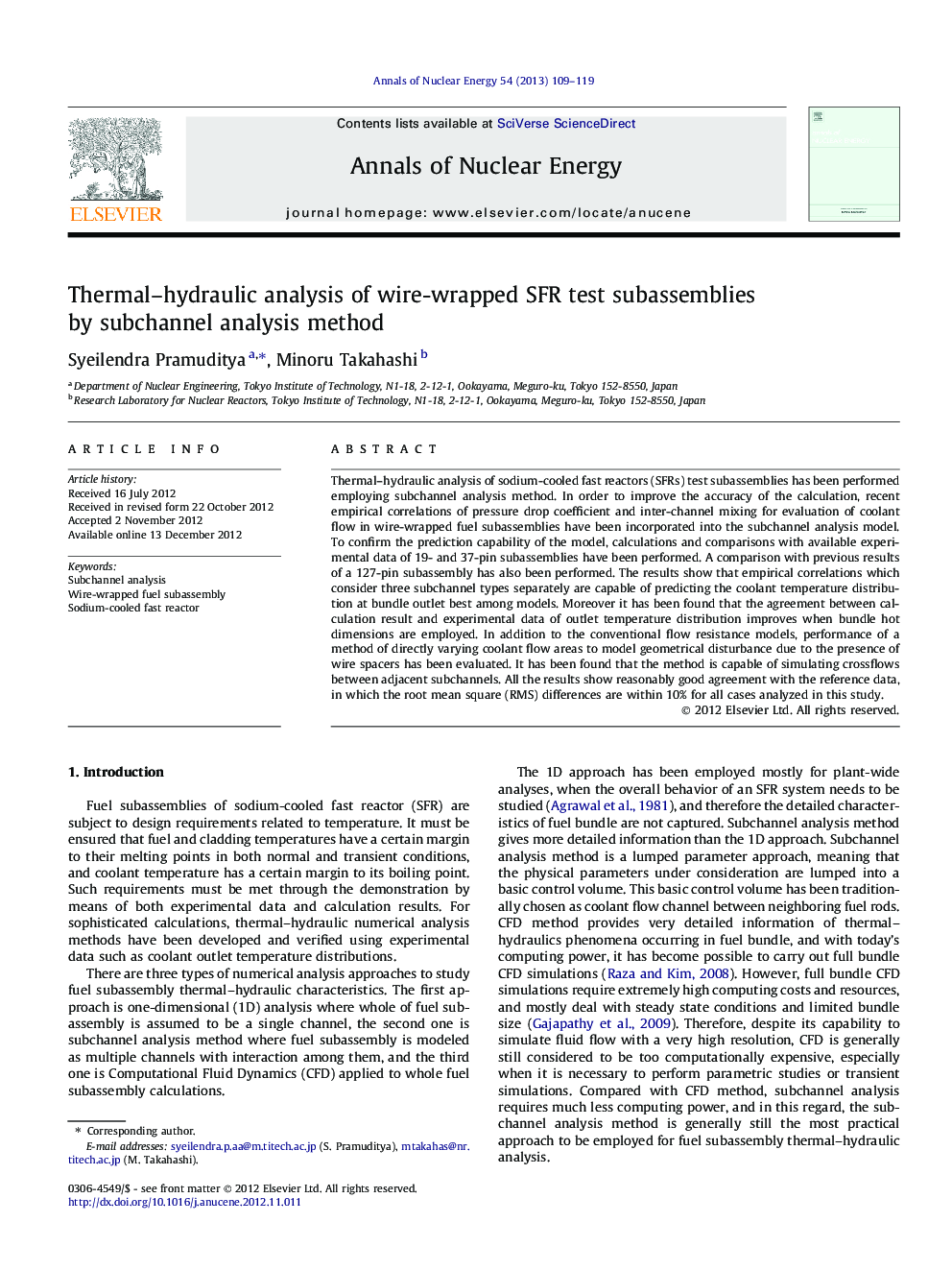 Thermal–hydraulic analysis of wire-wrapped SFR test subassemblies by subchannel analysis method