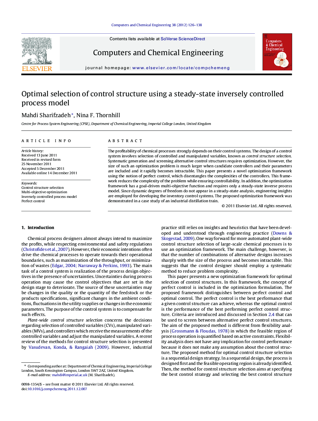 Optimal selection of control structure using a steady-state inversely controlled process model