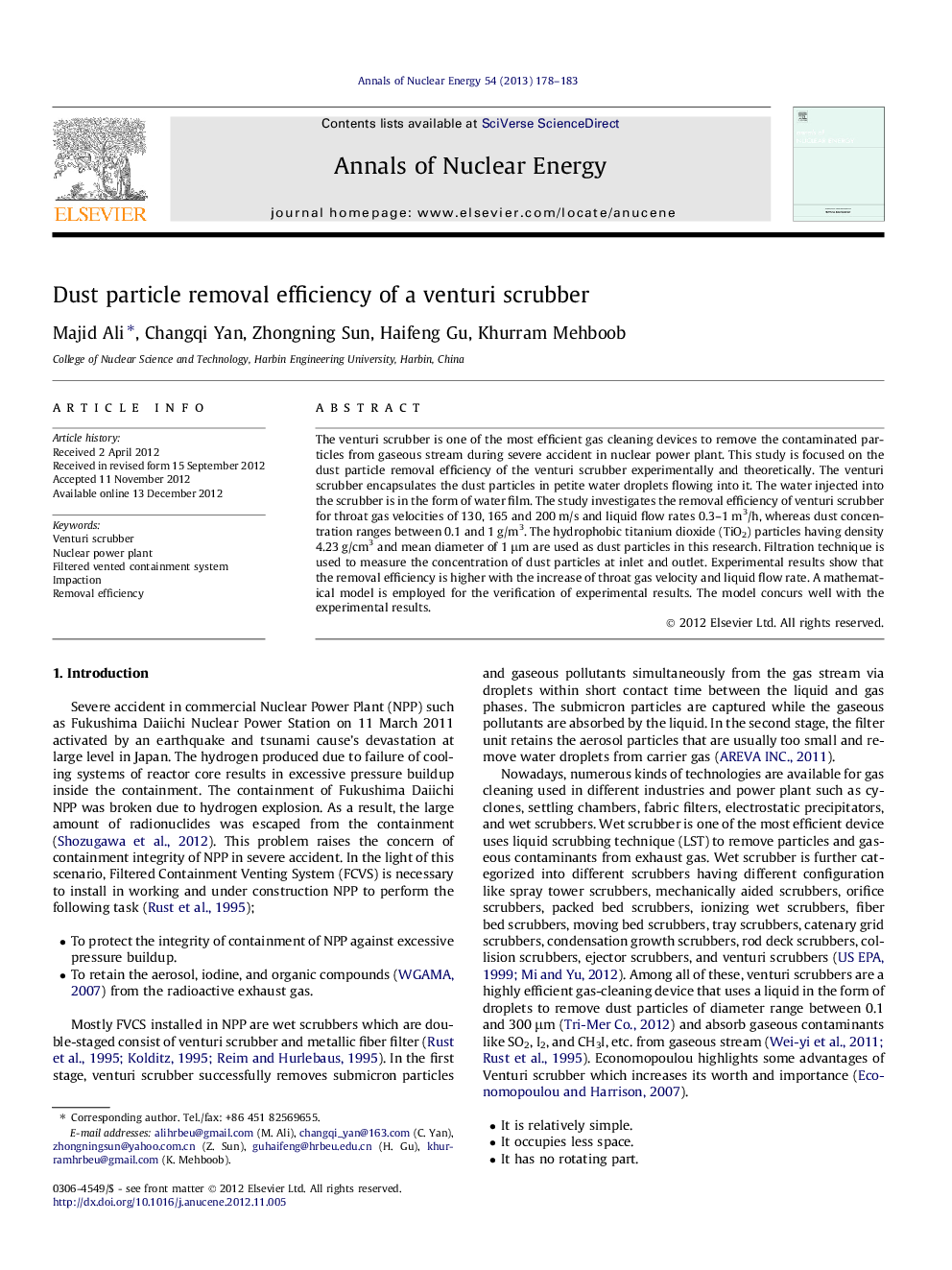 Dust particle removal efficiency of a venturi scrubber