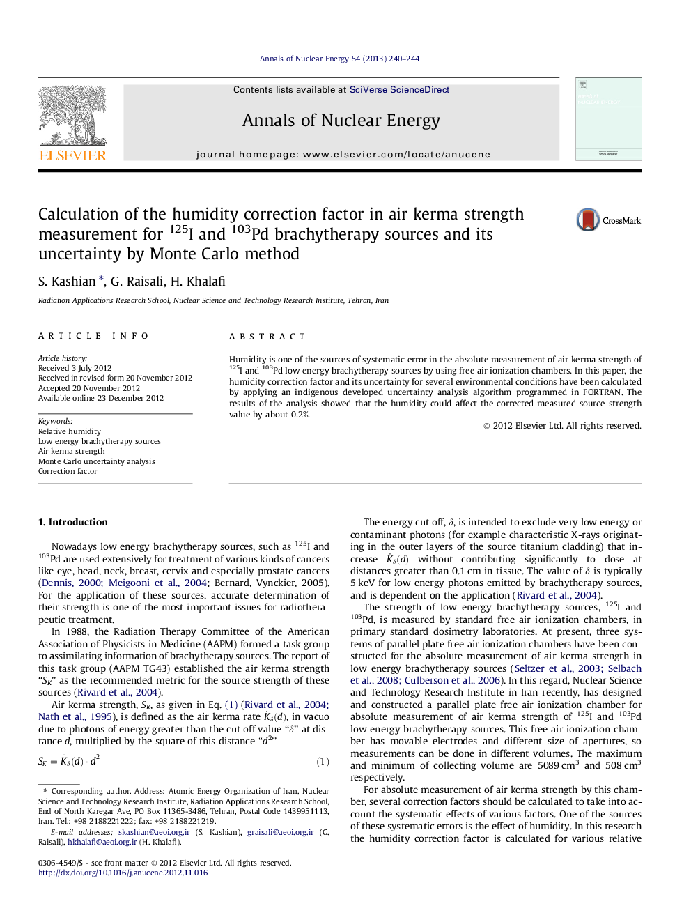 Calculation of the humidity correction factor in air kerma strength measurement for 125I and 103Pd brachytherapy sources and its uncertainty by Monte Carlo method