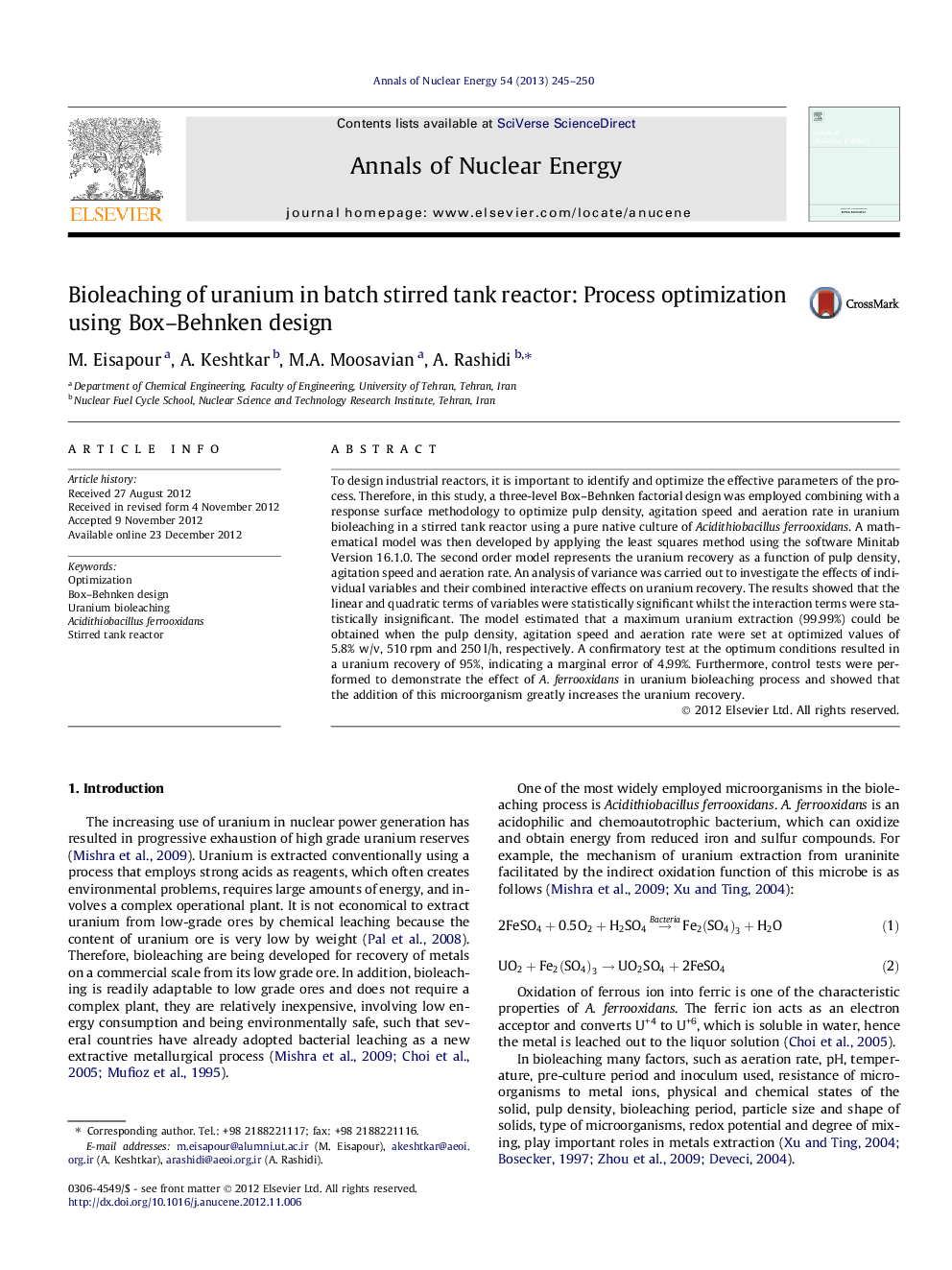 Bioleaching of uranium in batch stirred tank reactor: Process optimization using Box–Behnken design