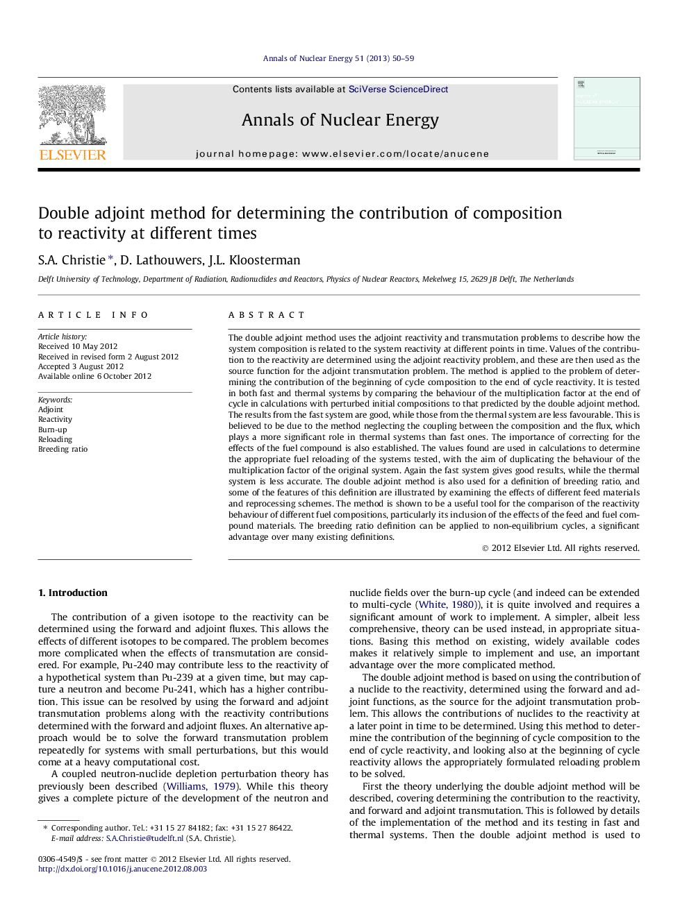 Double adjoint method for determining the contribution of composition to reactivity at different times