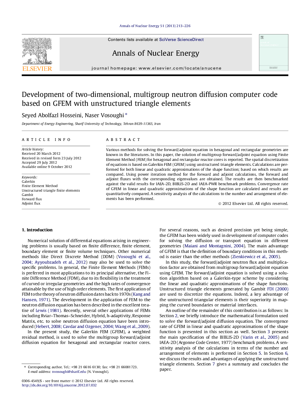 Development of two-dimensional, multigroup neutron diffusion computer code based on GFEM with unstructured triangle elements