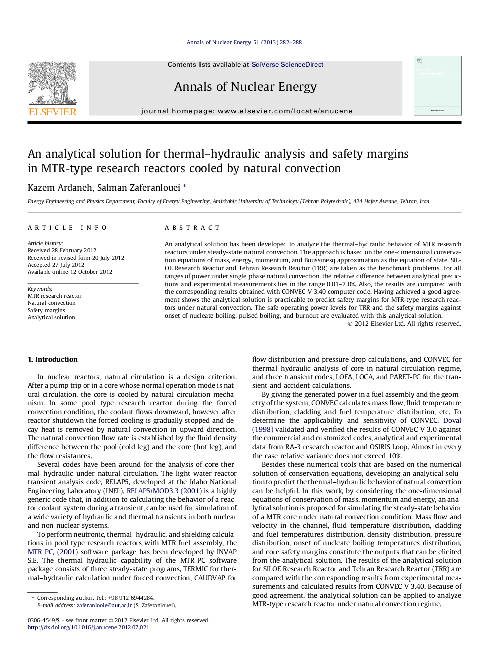 An analytical solution for thermal–hydraulic analysis and safety margins in MTR-type research reactors cooled by natural convection