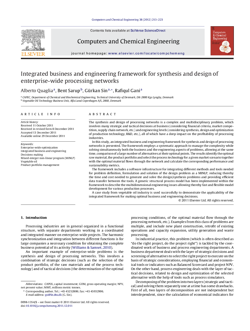 Integrated business and engineering framework for synthesis and design of enterprise-wide processing networks