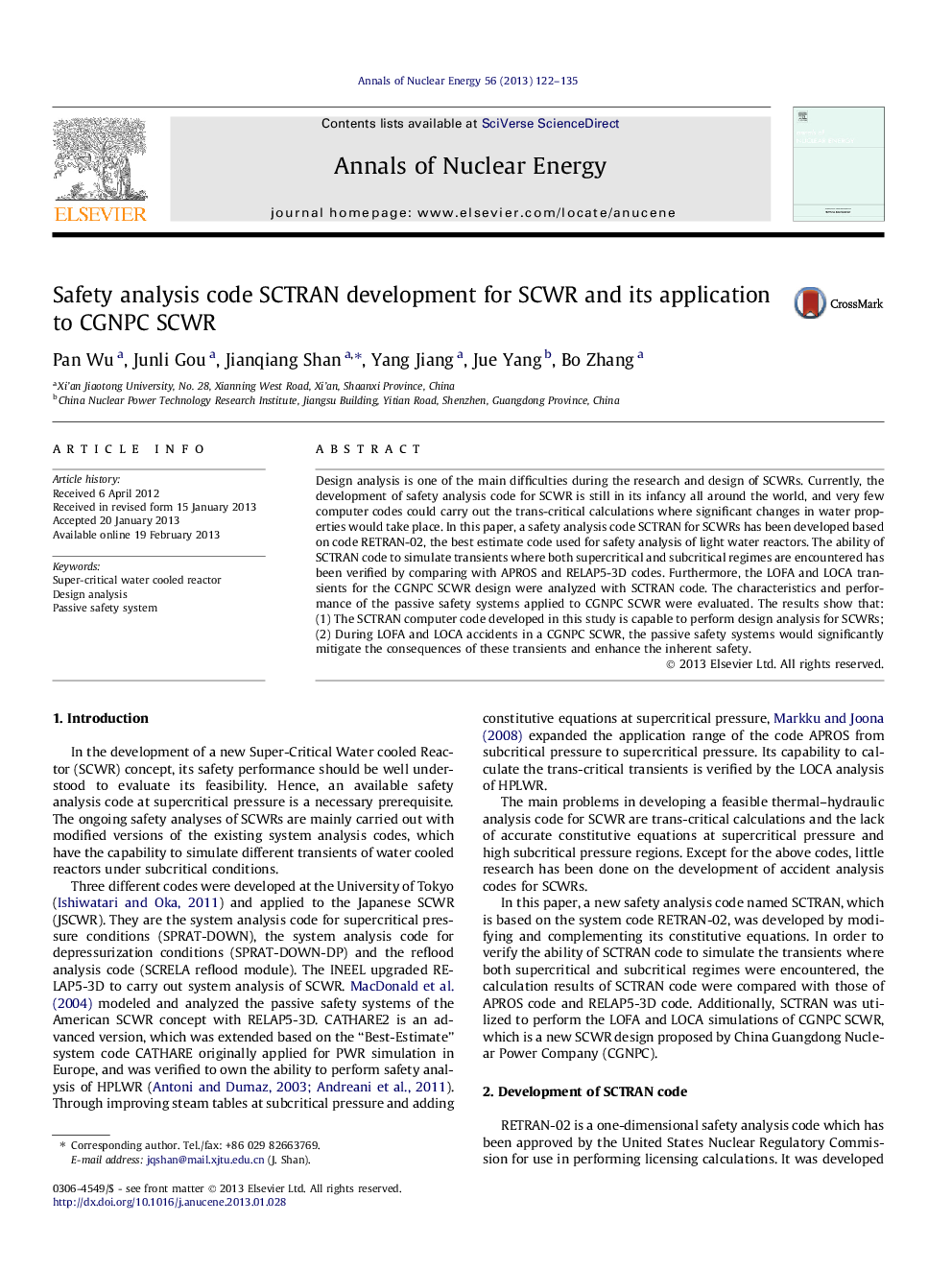 Safety analysis code SCTRAN development for SCWR and its application to CGNPC SCWR