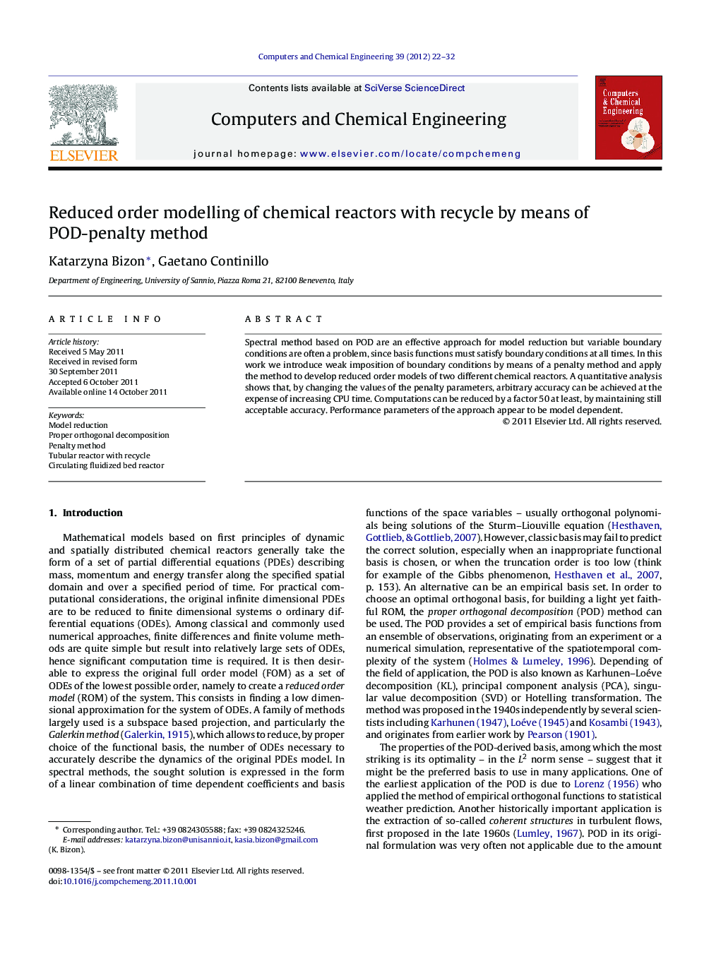 Reduced order modelling of chemical reactors with recycle by means of POD-penalty method