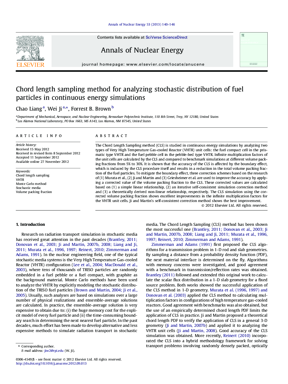 Chord length sampling method for analyzing stochastic distribution of fuel particles in continuous energy simulations