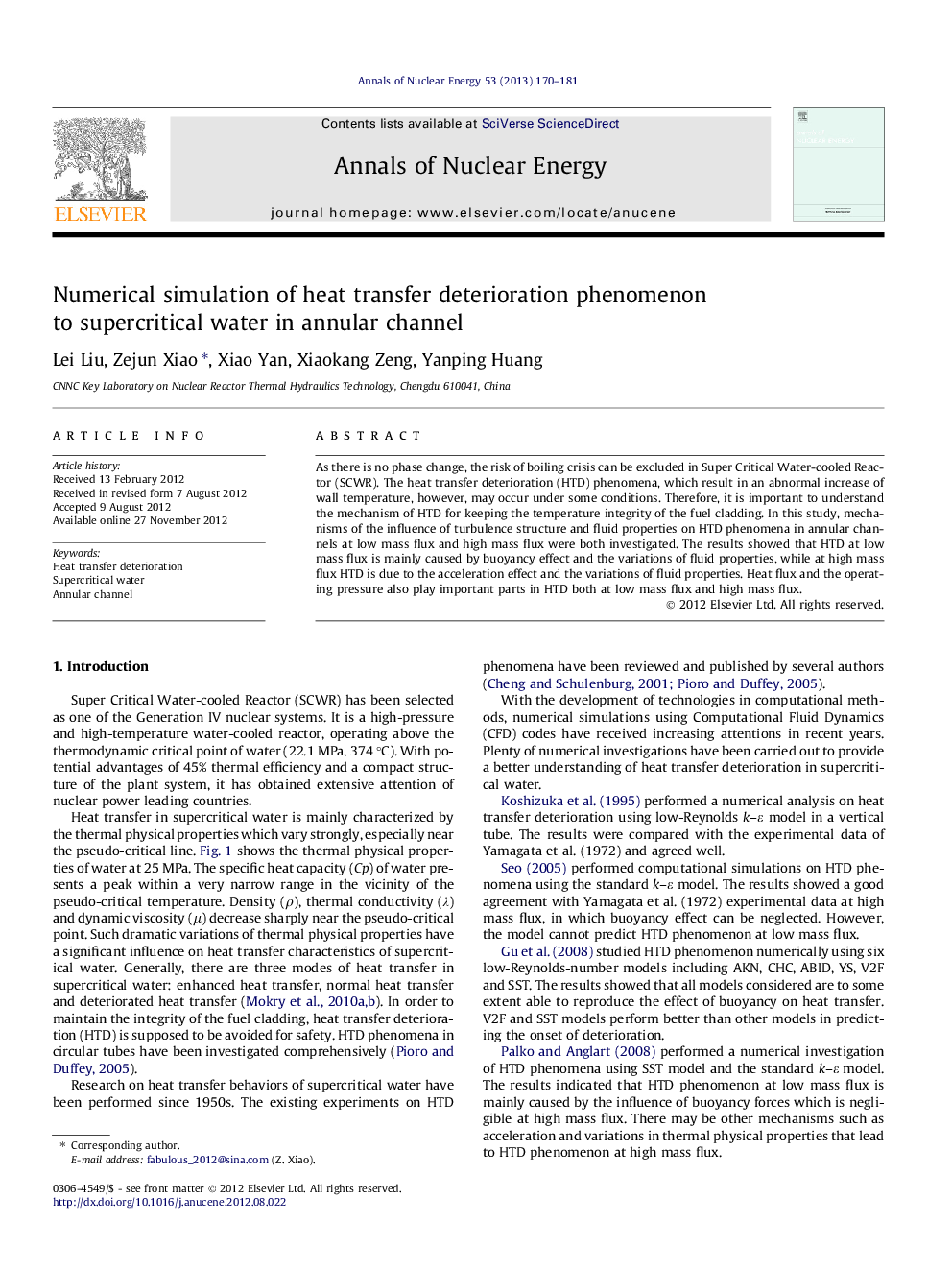 Numerical simulation of heat transfer deterioration phenomenon to supercritical water in annular channel