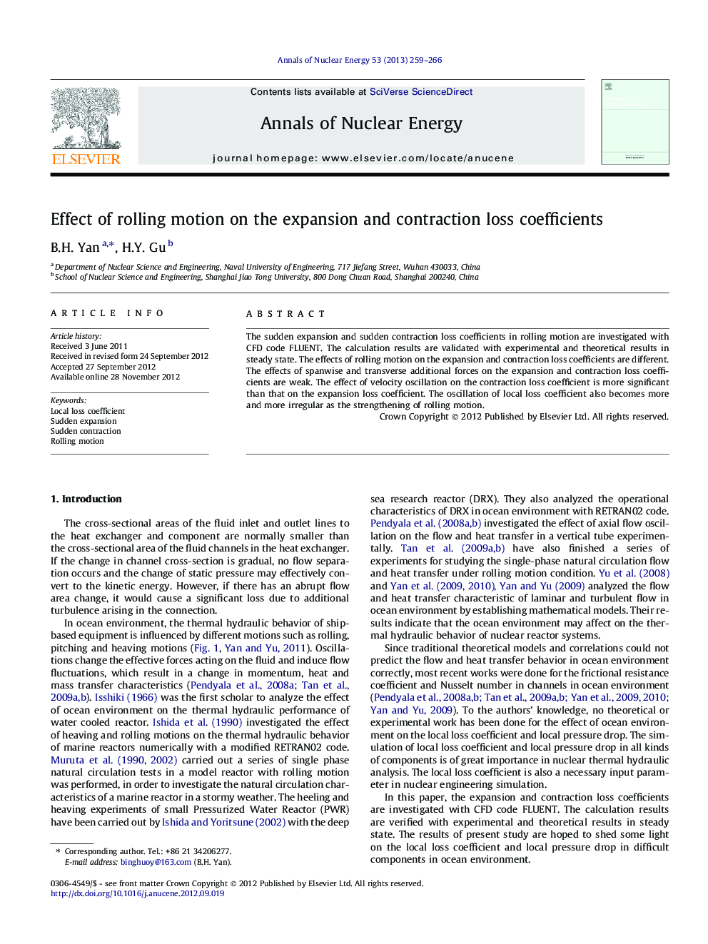 Effect of rolling motion on the expansion and contraction loss coefficients