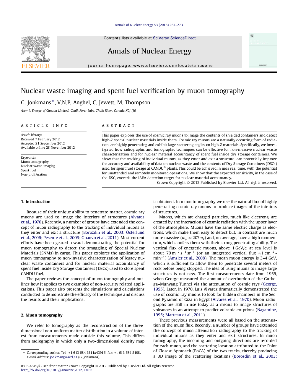 Nuclear waste imaging and spent fuel verification by muon tomography