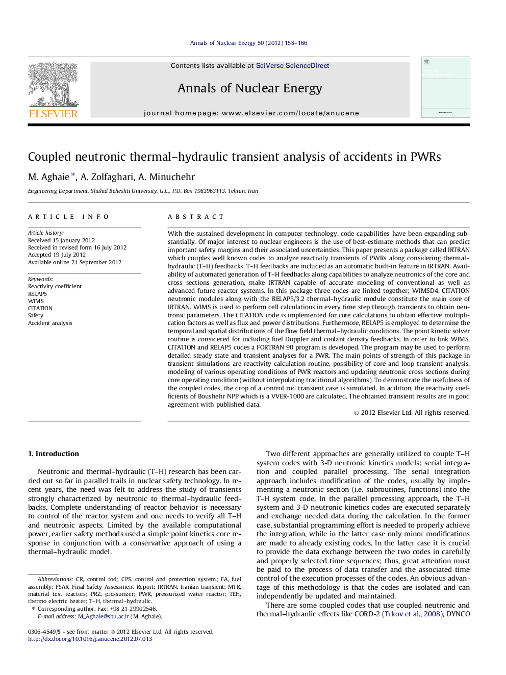 Coupled neutronic thermal–hydraulic transient analysis of accidents in PWRs