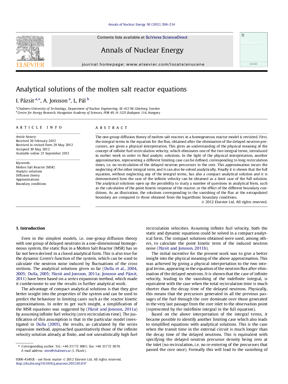 Analytical solutions of the molten salt reactor equations