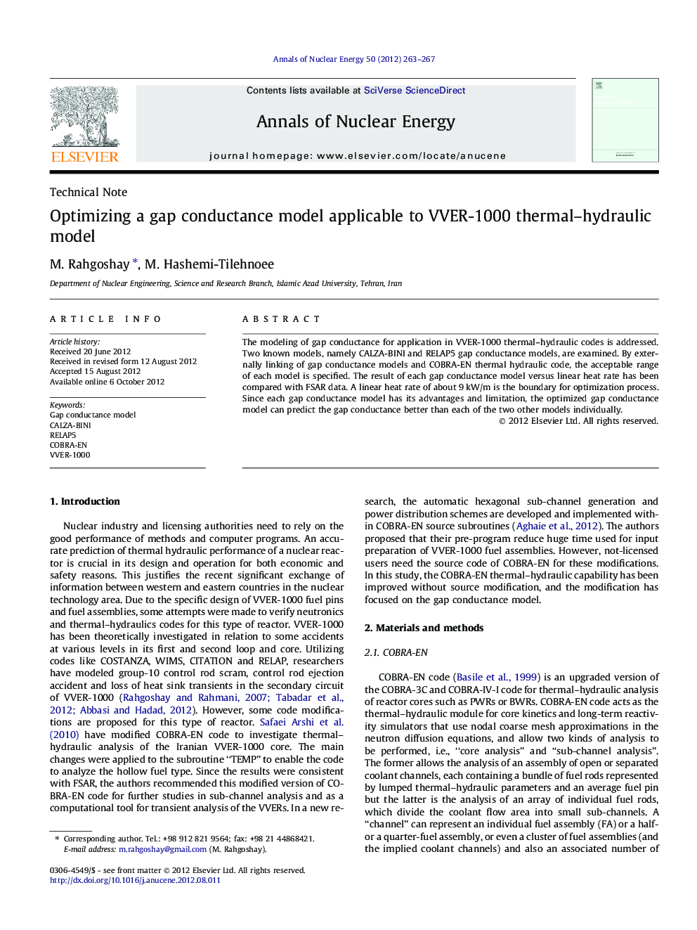 Optimizing a gap conductance model applicable to VVER-1000 thermal–hydraulic model