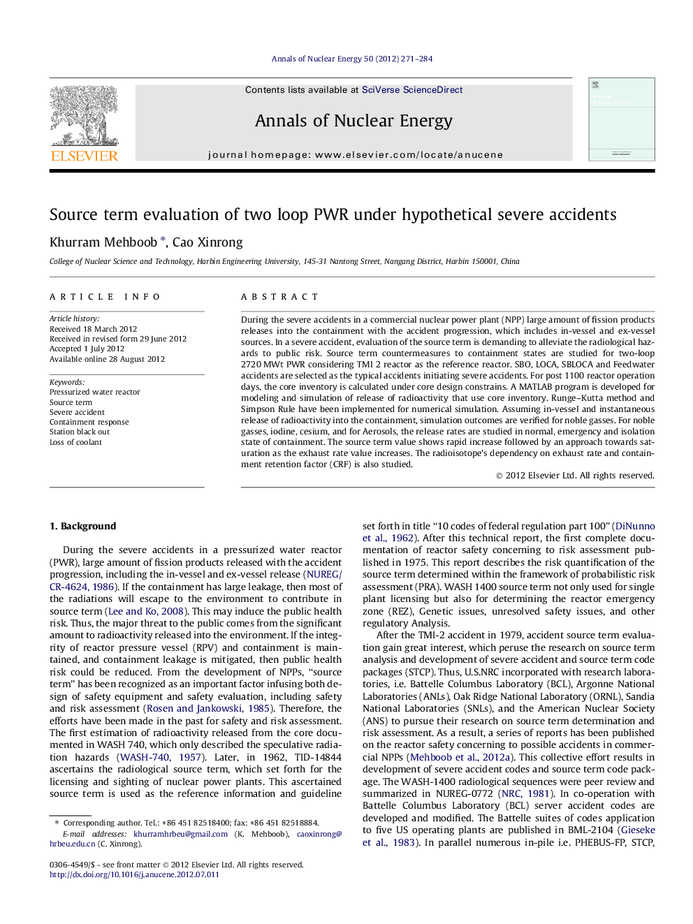 عکس صفحه اول مقاله: Source term evaluation of two loop PWR under hypothetical severe accidents Source term evaluation of two loop PWR under hypothetical severe accidents