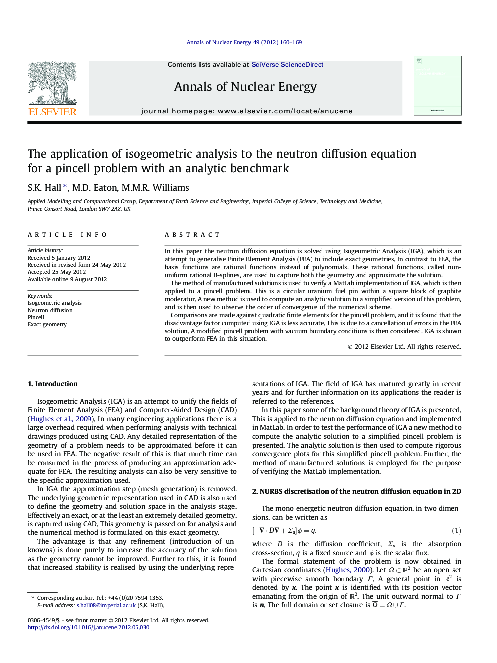 The application of isogeometric analysis to the neutron diffusion equation for a pincell problem with an analytic benchmark