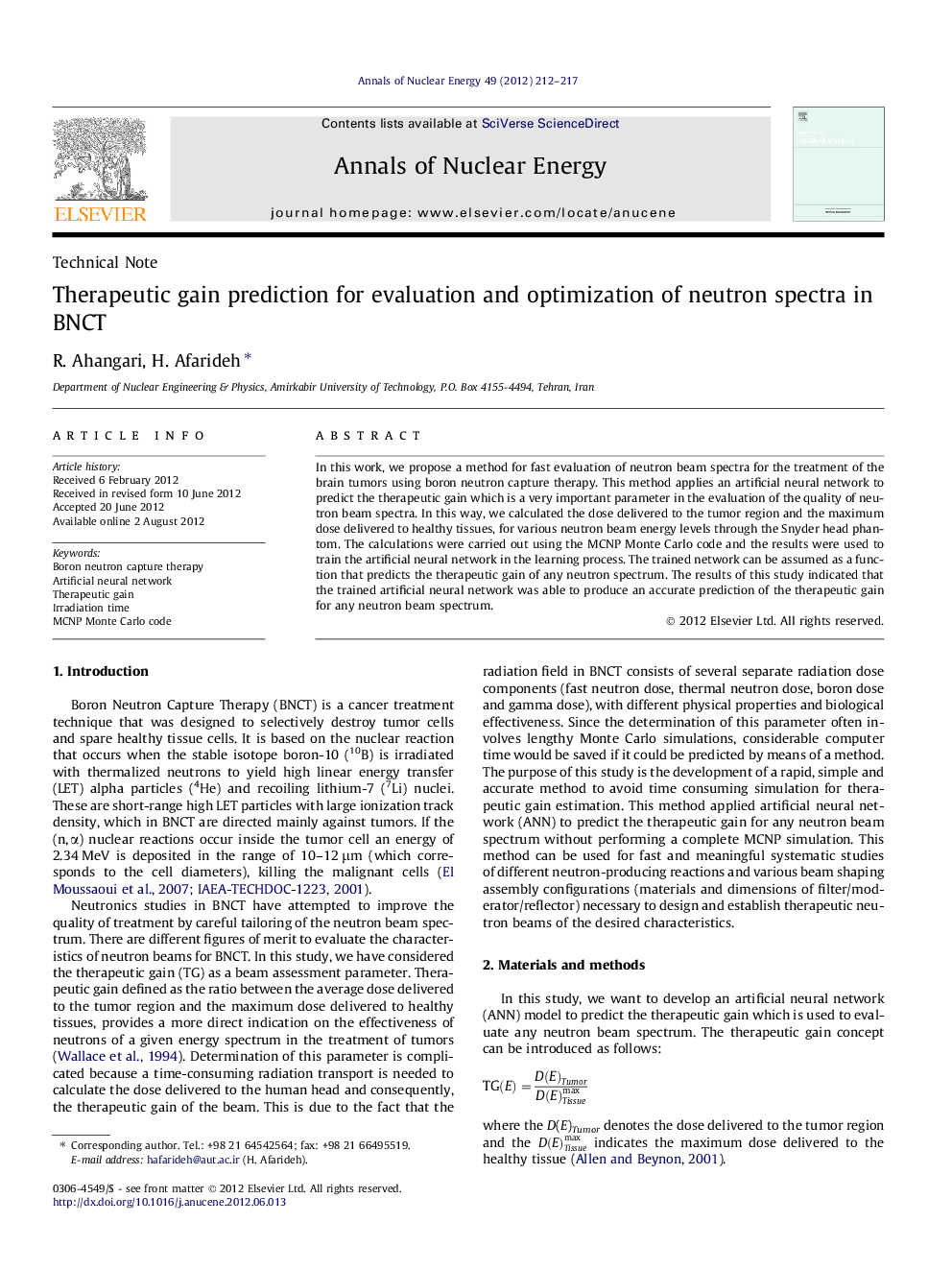 Therapeutic gain prediction for evaluation and optimization of neutron spectra in BNCT